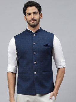 ESSAS club - Men Navy Blue Nehru Jacket With Slub Self Design Pattern
