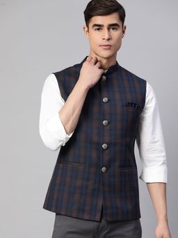 ESSAS club - Men Navy Blue Nehru Jacket With Bold Khaki Checks