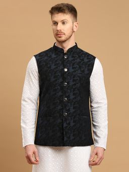 ESSAS club - Dark Blue Nehru Jacket With Self Geometric Design