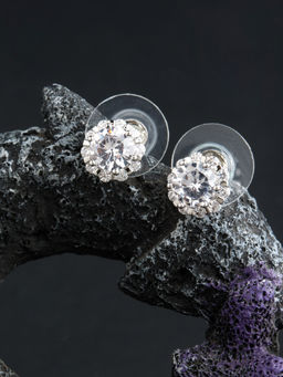 E2O - Self Design Silver Diamond Round Shaped Stud Earring With White Colour Stone