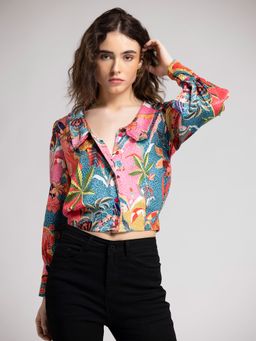 SHAYE - Peter Pan Collar Multicolour Printed Satin Long Sleeves Crop Length Casual Shirt