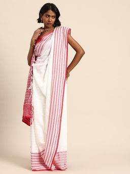 ArtEastri - Women White Cotton Woven Saree with Unstitched Blouse