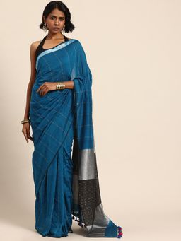 ArtEastri - Women Blue Cotton Embellished Saree Without Blouse