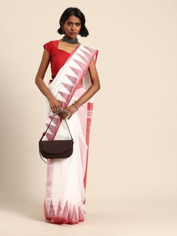 ArtEastri - Women White Cotton Silk Woven Saree with Unstitched Blouse