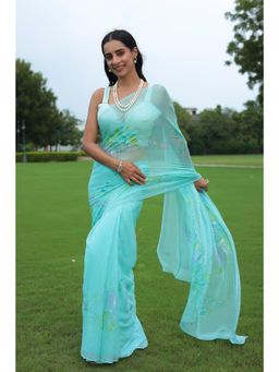 Zari Jaipur - Women Green Chiffon Embroidered Saree with Unstitched Blouse