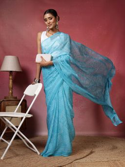MEENA BAZAAR - Women Blue Chiffon Printed Saree with Unstitched Blouse