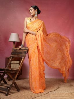 MEENA BAZAAR - Women Orange Chiffon Printed Saree with Unstitched Blouse