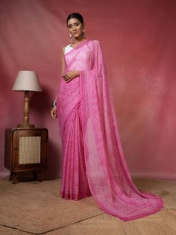 MEENA BAZAAR - Women Pink Chiffon Printed Saree with Unstitched Blouse