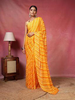 MEENA BAZAAR - Women Orange Georgette Printed Saree with Unstitched Blouse