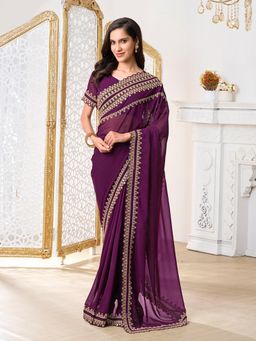 INDDUS - Women Wine Georgette Embroidered Saree with Unstitched Blouse