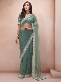INDDUS - Women Green Net Embroidered Saree with Unstitched Blouse