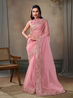 INDDUS - Women Pink Net Embellished Saree with Unstitched Blouse