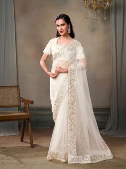 INDDUS - Women White Net Embroidered Saree with Unstitched Blouse