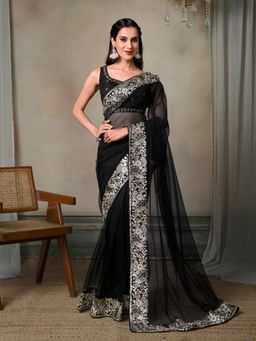 INDDUS - Women Black Net Embroidered Saree with Unstitched Blouse