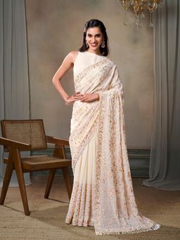 INDDUS - Women Cream Georgette Floral Saree with Unstitched Blouse
