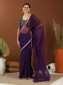 INDDUS - Women Purple Organza Solid Saree with Unstitched Blouse