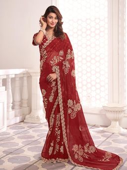 INDDUS - Women Red Organza Embroidered Saree with Unstitched Blouse