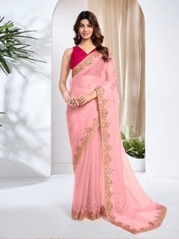 INDDUS - Women Pink Organza Embellished Saree with Unstitched Blouse
