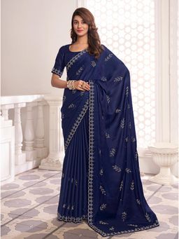 INDDUS - Women Navy Blue Satin Embellished Saree with Unstitched Blouse