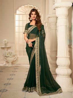 INDDUS - Women Green Silk Blend Solid Saree with Unstitched Blouse
