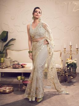 INDDUS - Women Ivory Net Embroidered Saree with Unstitched Blouse