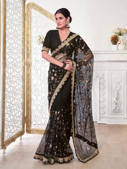 INDDUS - Women Black Net Embellished Saree with Unstitched Blouse
