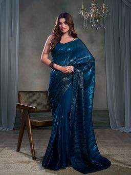 INDDUS - Women Navy Blue Chiffon Embroidered Saree with Unstitched Blouse