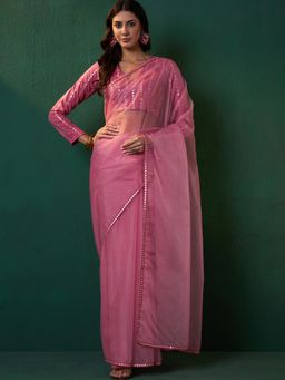 INDDUS - Women Pink Organza Solid Saree with Unstitched Blouse