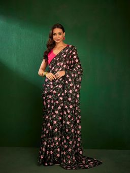 INDDUS - Women Black Satin Floral Saree with Unstitched Blouse
