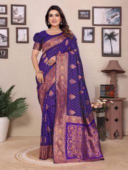 Elora - Women Navy Blue Silk Woven Saree with Unstitched Blouse