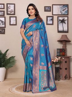Elora - Women Blue Silk Woven Saree with Unstitched Blouse