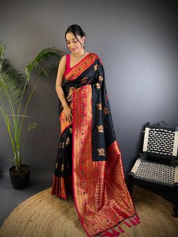 Elora - Women Black Silk Floral Saree with Unstitched Blouse