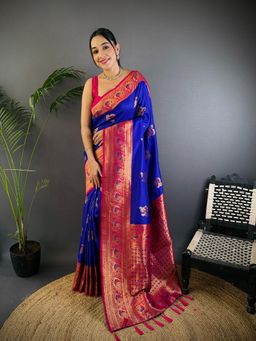 Elora - Women Blue Silk Floral Saree with Unstitched Blouse