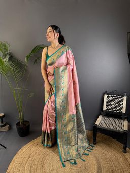 Elora - Women Pink Silk Floral Saree with Unstitched Blouse