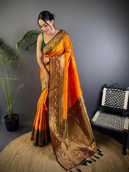Elora - Women Orange Silk Floral Saree with Unstitched Blouse