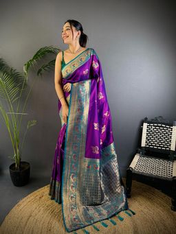 Elora - Women Purple Silk Floral Saree with Unstitched Blouse