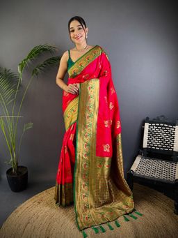Elora - Women Red Silk Floral Saree with Unstitched Blouse