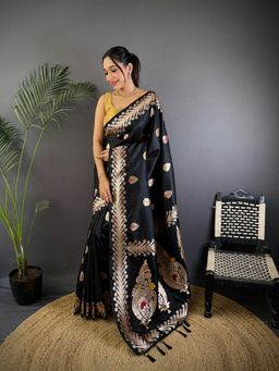 Elora - Women Black Silk Woven Saree with Unstitched Blouse