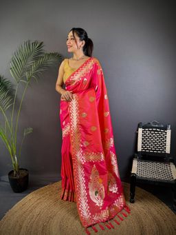 Elora - Women Pink Silk Woven Saree with Unstitched Blouse