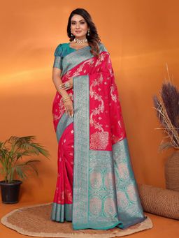 Elora - Women Red Silk Woven Saree with Unstitched Blouse