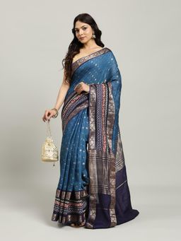 MEENA BAZAAR - Women Blue Cotton Woven Saree with Unstitched Blouse