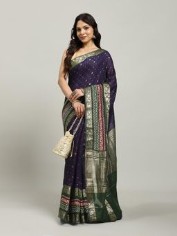 MEENA BAZAAR - Women Navy Blue Cotton Woven Saree with Unstitched Blouse