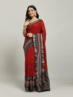 MEENA BAZAAR - Women Red Cotton Woven Saree with Unstitched Blouse