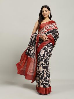 MEENA BAZAAR - Women Black Cotton Printed Saree with Unstitched Blouse