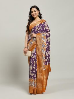 MEENA BAZAAR - Women Purple Cotton Printed Saree with Unstitched Blouse
