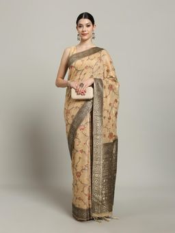 MEENA BAZAAR - Women Beige Art Silk Floral Saree with Unstitched Blouse