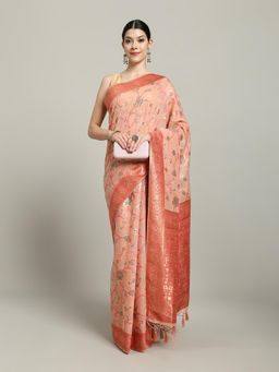 MEENA BAZAAR - Women Peach Art Silk Floral Saree with Unstitched Blouse