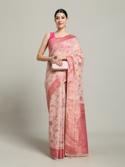 MEENA BAZAAR - Women Pink Art Silk Floral Saree with Unstitched Blouse
