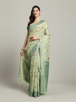 MEENA BAZAAR - Women Green Art Silk Floral Saree with Unstitched Blouse