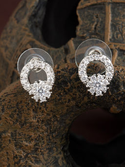 E2O - Self Design Silver Diamond Round With Floral Shaped Stud Earring With White Colour Stone